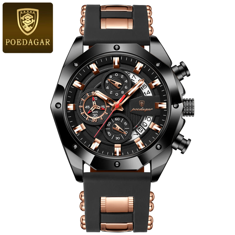 POEDAGAR Luxury Military Men Watch Waterproof Luminous Date Sport Man Wristwatch Chronograph Silicone Strap Quartz Men's Watches