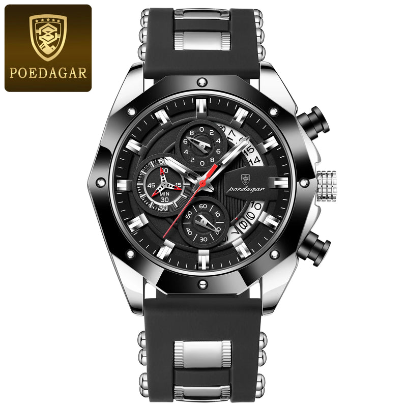 POEDAGAR Luxury Military Men Watch Waterproof Luminous Date Sport Man Wristwatch Chronograph Silicone Strap Quartz Men's Watches